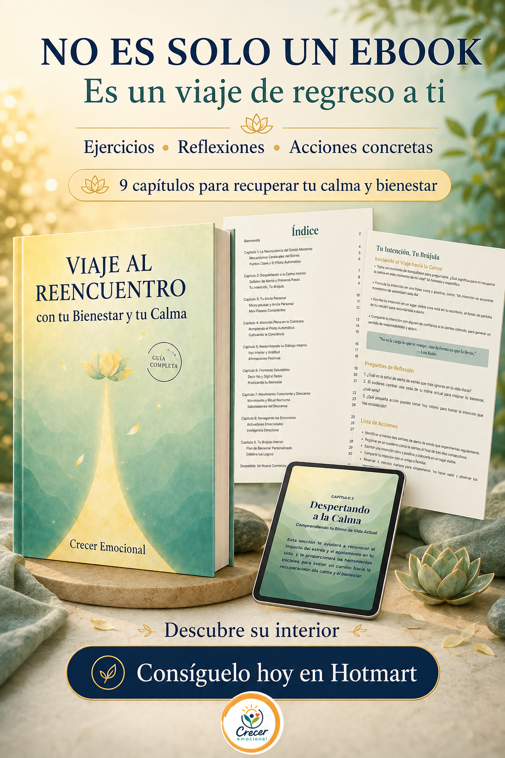 No es solo un ebook: interior del libro con índice, ejercicios y versión digital en tablet